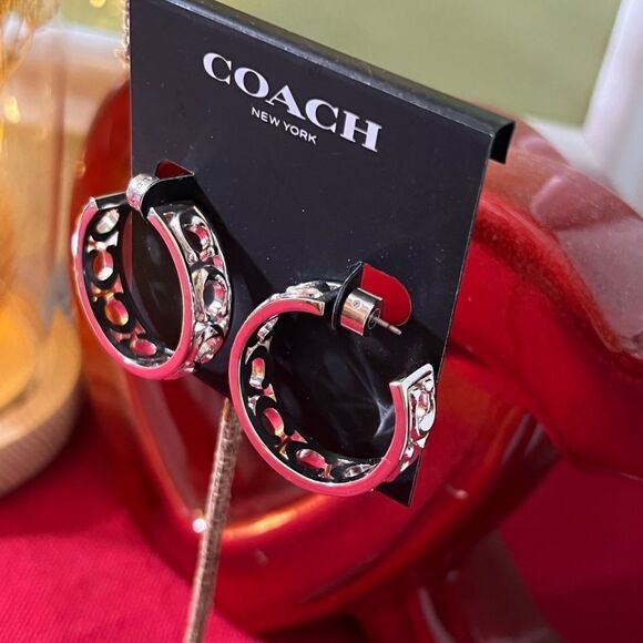 NWT Coach Women's Silver Signature Hoop 1.25” Earrings #TSER - Picture 2 of 5